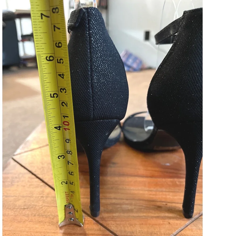 Halston Maui Black Glitter Stiletto Ankle Strap Sandals Heels US 10 EU 41